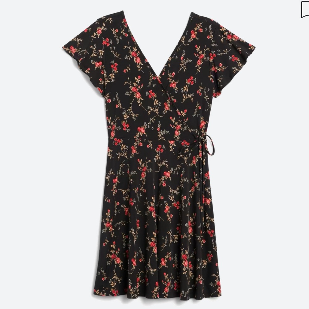 Floral Faux Wrap Dress - Black and Red